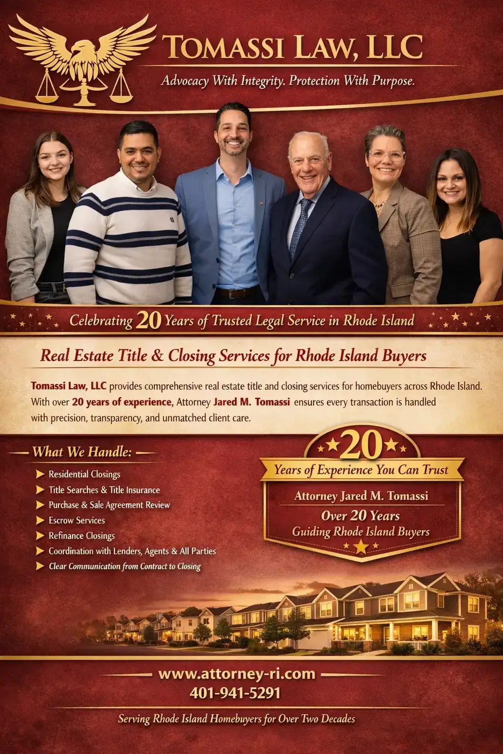 Tomassi Law 20th-anniversary team flyer celebrating service in Rhode Island